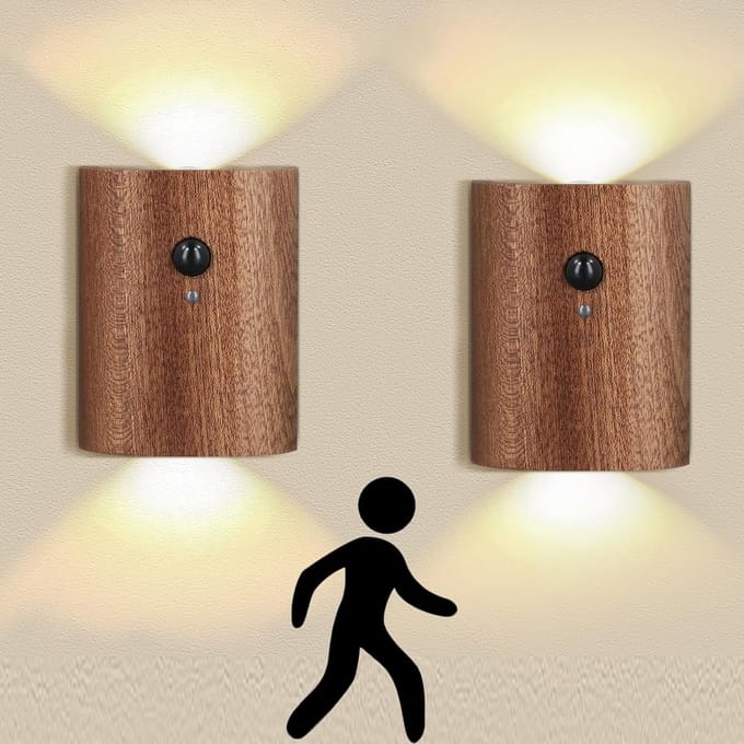Draadloze LED Wandlamp met Bewegingssensor Hout Look | Oplaadbaar | 2 Stuks