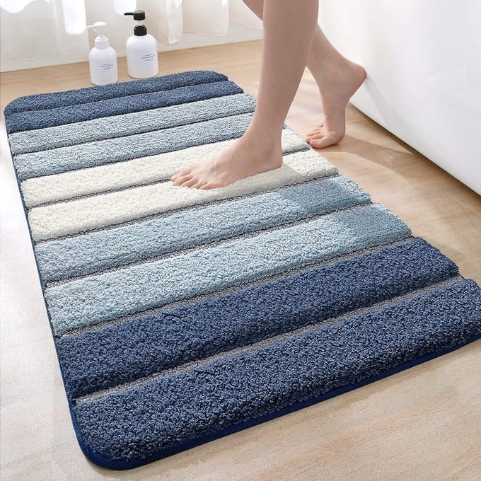 DEXI Bathroom Rug, Non-Slip Bath Mat, 60 x 110 cm, Bath Mat, Absorbent, Soft, Machine Washable for Bathroom, Blue