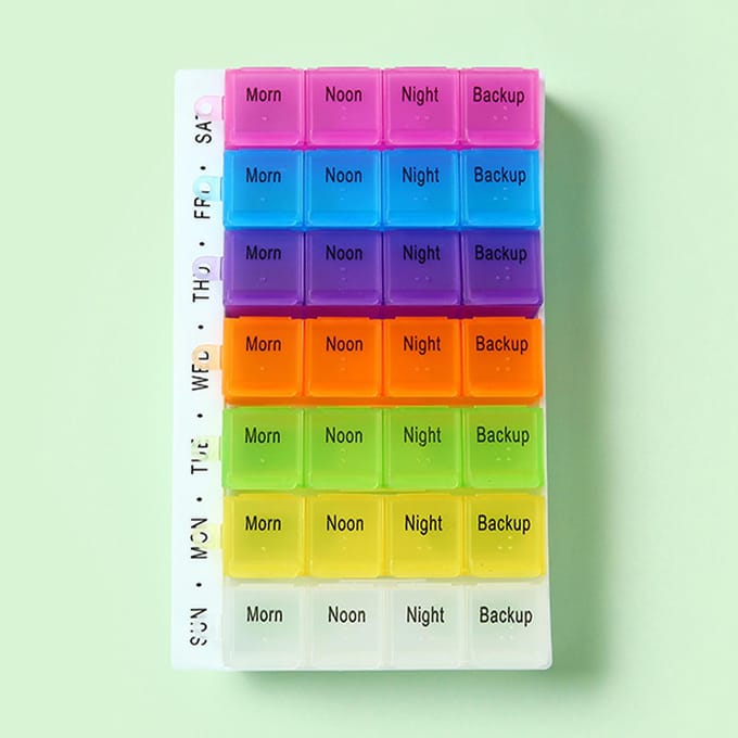 Stofdichte gescheiden pillenorganizer, pillendoosje, medicijnopslagdispenser veelkleurig