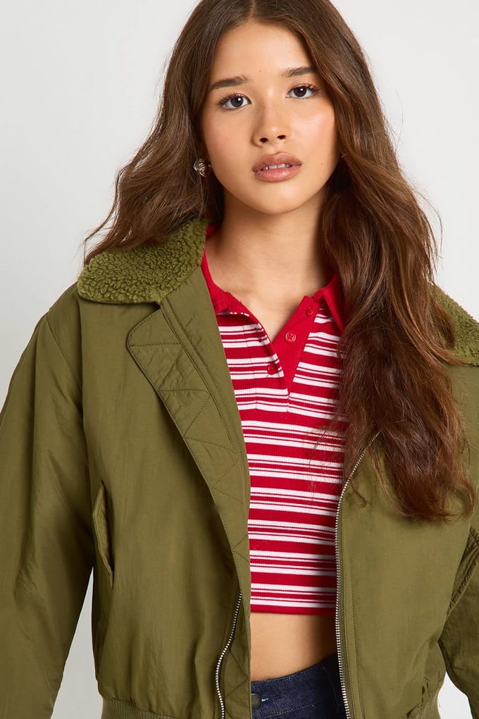 boohoo Dames Teddy-kragen Pufferjack | Khaki | Maat: 8