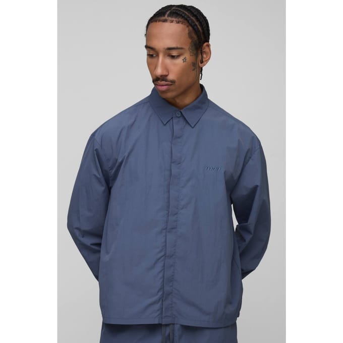 Oversized Verborgen Knopplooi Gerimpeld Overhemd | Slate Blue | Size Medium