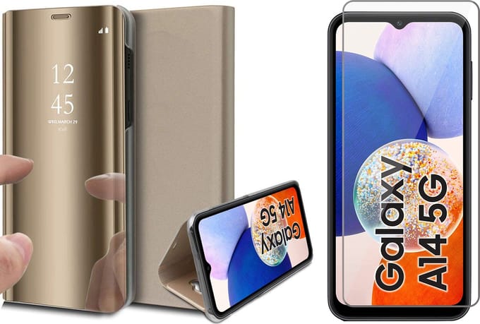 Hoesje geschikt voor Samsung Galaxy A14 - Screen Protector GlassGuard - Book Case Spiegel Goud & Screenprotector