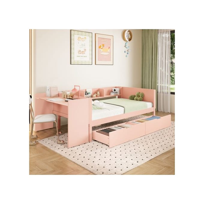Enkel bed - Hout - 90x200 cm - Roze - Met bureau - 2 opberglades roze