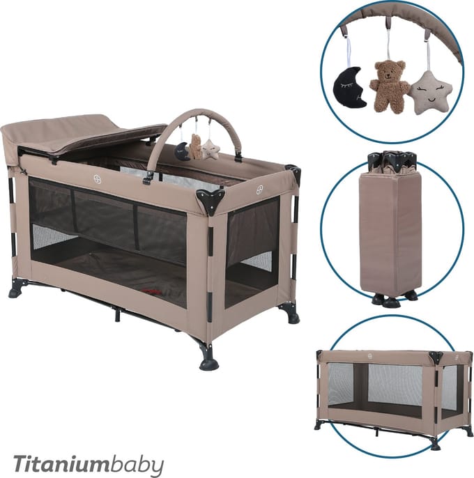 Titaniumbaby Campingbed SOLID Emma Lush Taupe inclusief Verschoontafel|Speelboog|Klamboe & bodemverhoger