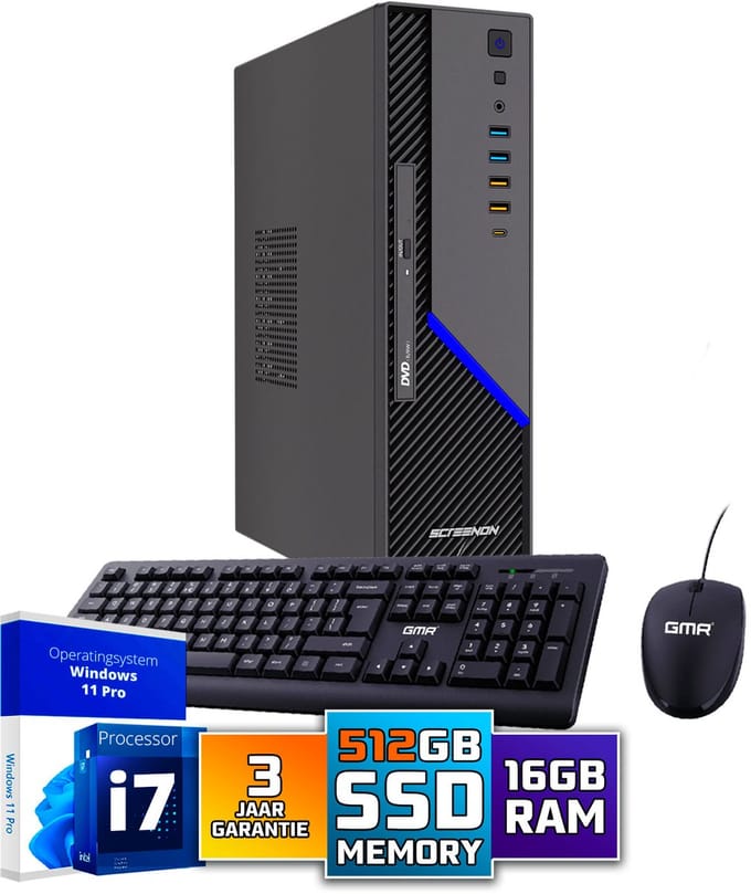 ScreenON Ultra SFF i7 Office PC - Business Office Computer | 16 GB RAM | 512GB SSD M.2 | DVD±RW | Windows 11 Pro | WiFi-Bluetooth | Inclusief Muis & Toetsenbord