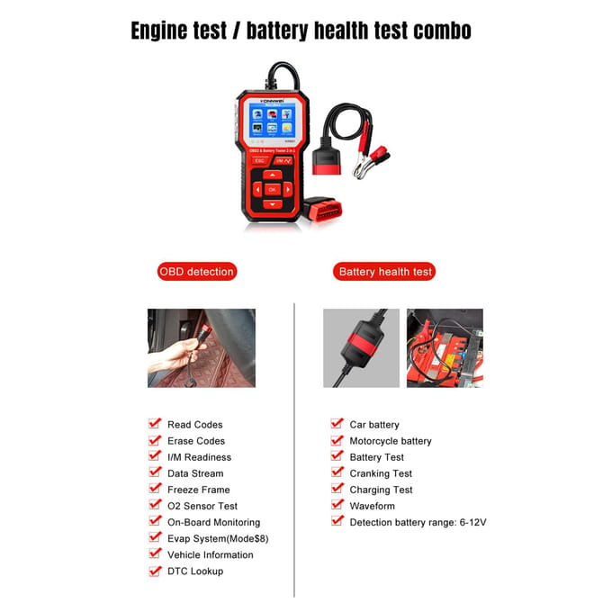 KONNWEI KW681 Auto- en motorfietsaccutester en OBDII-diagnosescanner 2-in-1