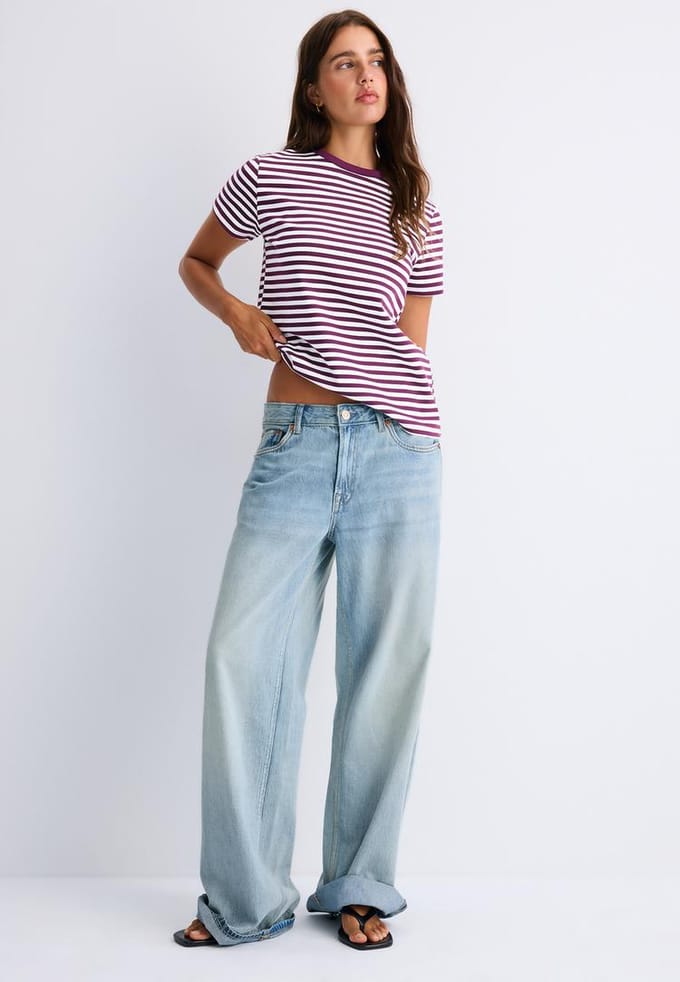 Stradivarius B02 Gestreept basic T-shirt regular fit zachte touch  Donkerpurper XS