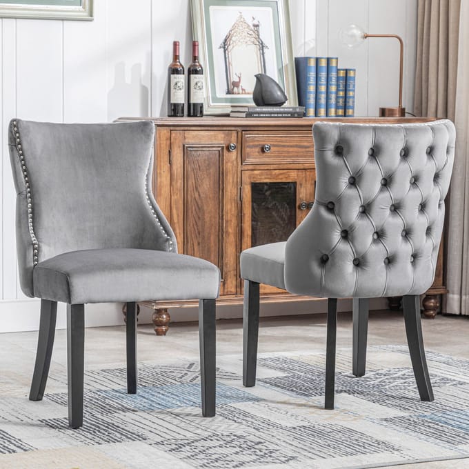 Clruro Eetkamerstoelen - Set van 2 - Met Knoopshechting - Stevig Massief Houten Frame - Fluweel - Grijs