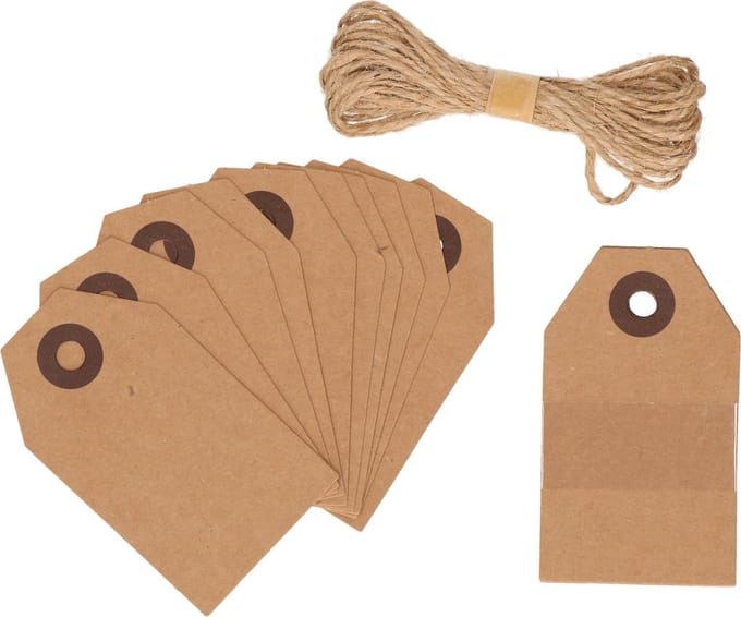 Rayher hobby Cadeau tags/labels - kraftpapier/karton - 80x stuks - aan jute touw - 7.5 x 4.5 cm