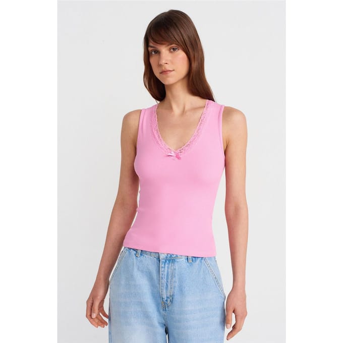 Mouwloze Kant Geribbelde V-hals Blouse
