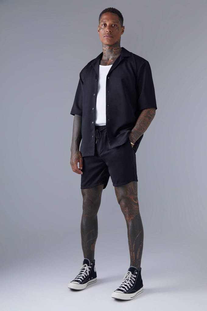 Korte Mouwen Regular Fit Drop Revere Satijnen Overhemd en Short Set | Black | Size Medium