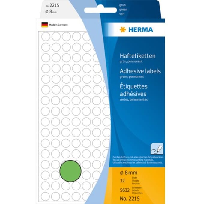 HERMA 2215 Multi-purpose labels / colour dots Ø 8 mm round green permanent adhesion for hand lettering