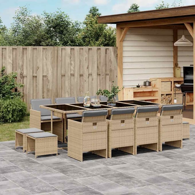 vidaXL - 13-delige - Tuinset - met - kussens - poly - rattan - gemengd - beige