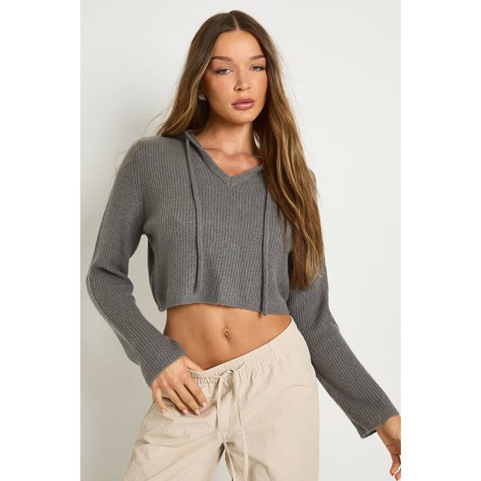 boohoo Dames Gebreide trui met capuchon | Charcoal | Maat: Large