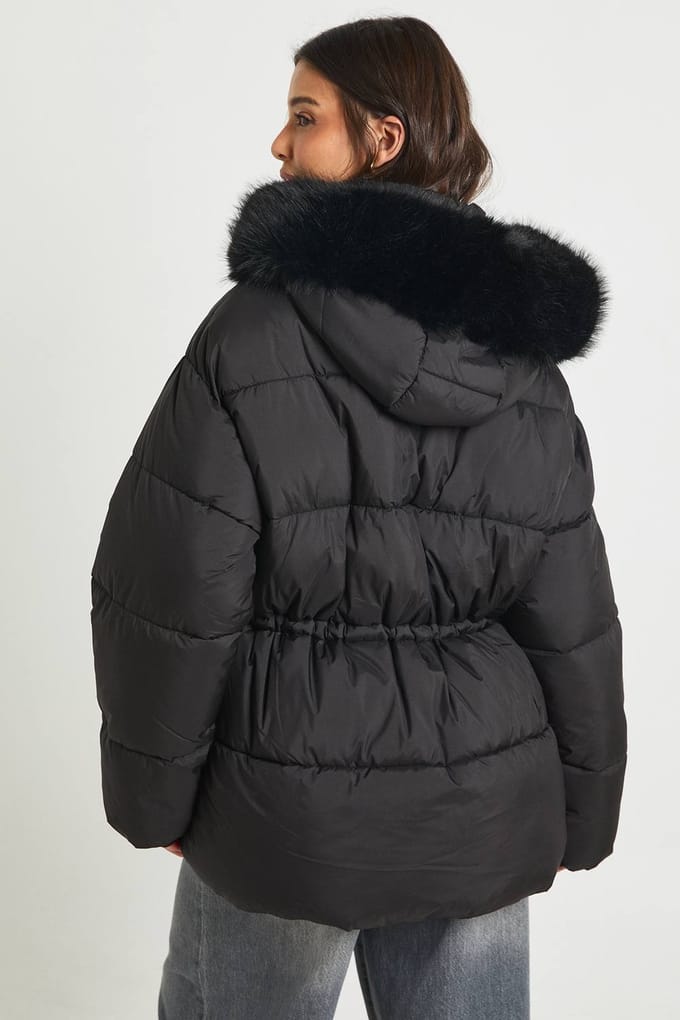 boohoo Dames Parka met nepbontaccent | Black | Maat: 8