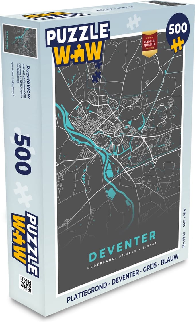 Puzzel Plattegrond - Deventer - Grijs - Blauw - Legpuzzel - Puzzel 500 stukjes - Stadskaart