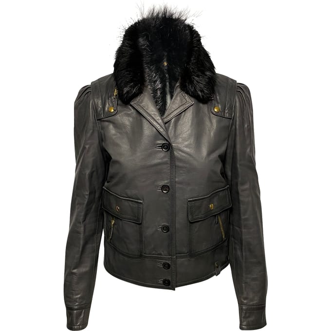 Gucci Jacket met Bontkraag Detail in Zwart Leer