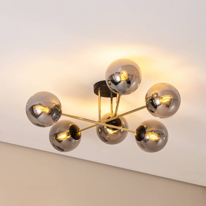 EMIBIG LIGHTING Plafondlamp Glassy, zwart/goud/grafiet, 75 cm, 6-lamps