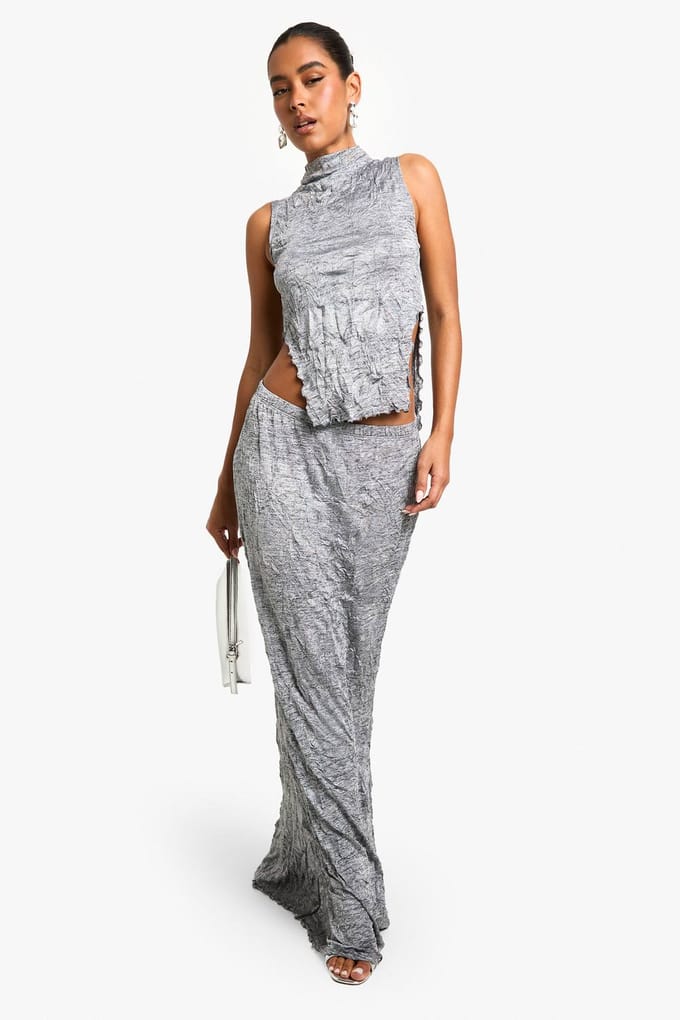 boohoo Dames Crinkle Marl Maxi Rok | Grijs | Maat: 42