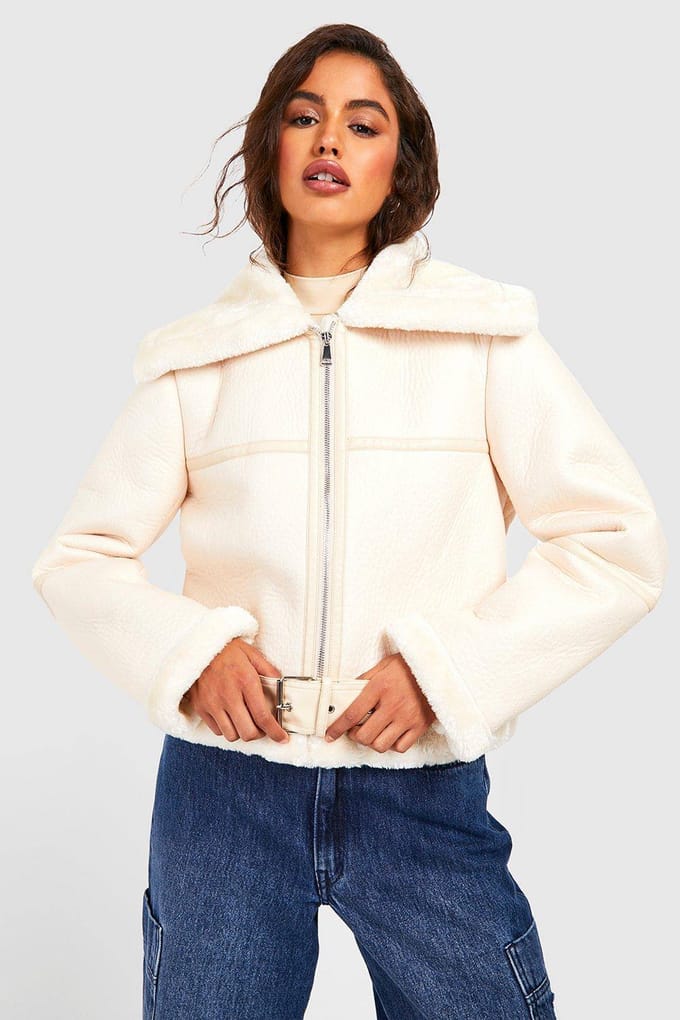 boohoo Dames Gebonden namaak bont PU Aviator | Creme | Maat: 40