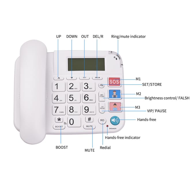 Zwarte vaste telefoon met grote knop Bureau Vaste telefoon Telefoonondersteuning zwart