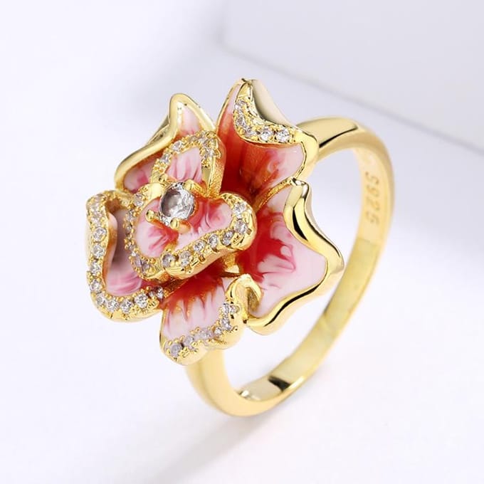 Sieraden Goud Roze Bloem Zirkoon Bloem Ring Bruidssieraden No. 8 beige