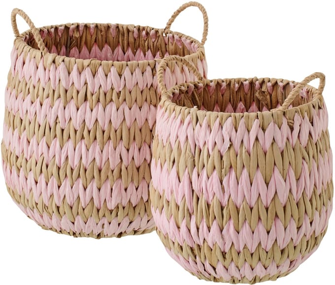 J-Line mand met handvatten Gestreept - papier - naturel/lichtroze - set van 2