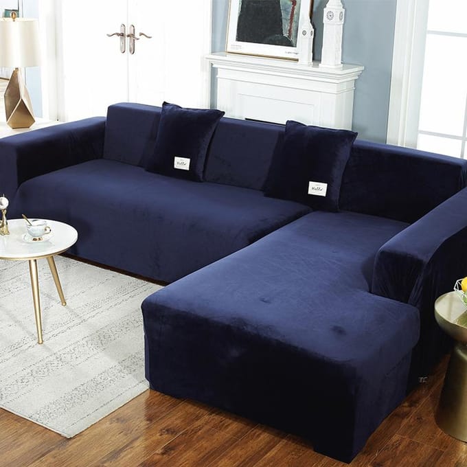 Effen kleur fluwelen bankhoes elastische fauteuilhoes voor woonkamer L-vorm stretch hoekbankhoes met kussensloop 1seater marineblauwe kleur
