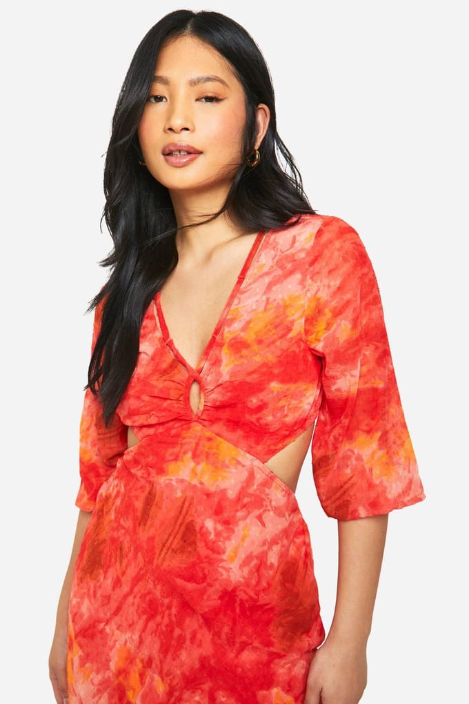 boohoo Dames Petite Bedrukte Chiffon Midaxi-Jurk | Rood | Maat: 36