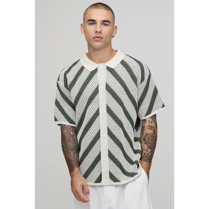Gebreid Overhemd Met Ontspannen Pasvorm En Open Steek Streeppatroon | Olive | Size XS