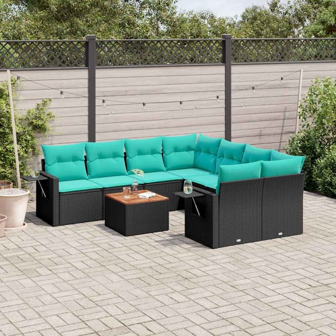 vidaXL - 9-delige - tuinbankset - met - kussens - van - zwart - polyrotan