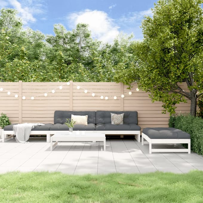 vidaXL - 5-delige - Loungeset - met - kussens - massief - hout - wit