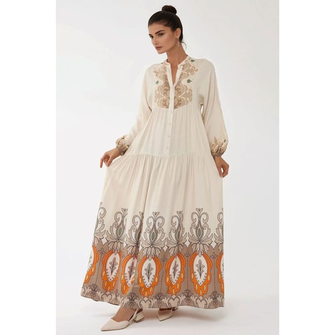 Geprinte Lange Mouw Viscose Maxi Jurk