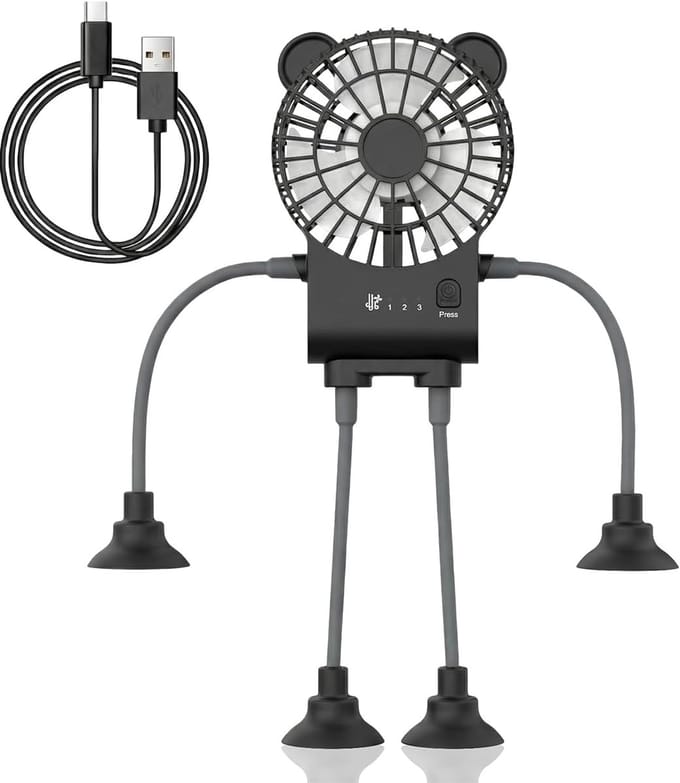 USB bureauventilator - oplaadbaar - 3 standen met zuignapbasis en telefoonhouder - voor bureau, auto, reizen en thuis