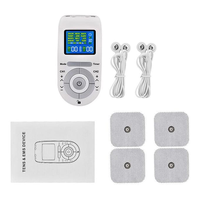 Draagbaar tweekanaals TENS&EMS-apparaat Pulsstimulator Spierstimulatoreenheid 12 massagemodi 40 wit