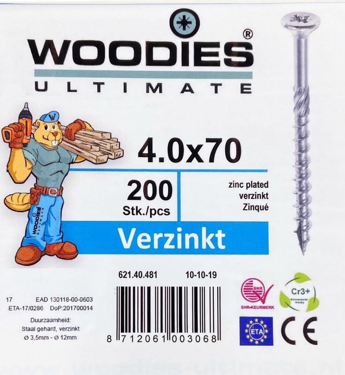 Woodies schroeven 4.0x70 verzinkt PZD 2 deeldraad 200 stuks