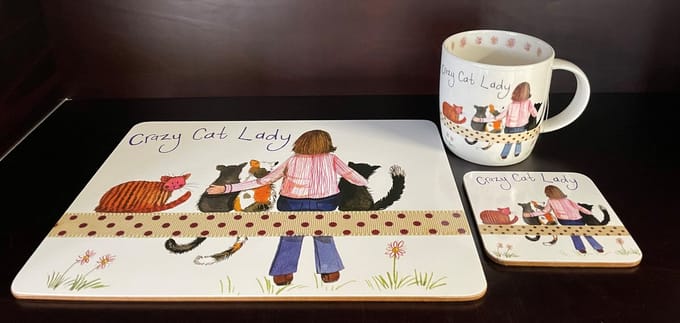 Alex Clark Coaster, Mok en Placemat(MEDIUM FORMAAT) Set Crazy Cat Lady ~ Katten