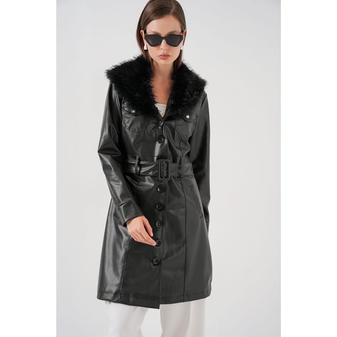 Faux leren lange jas met faux fur kraag