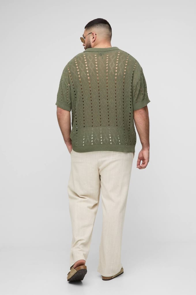 Plus Boxy Oversized Stripe Open Knit Polo T-Shirt | Khaki | Size 2XL