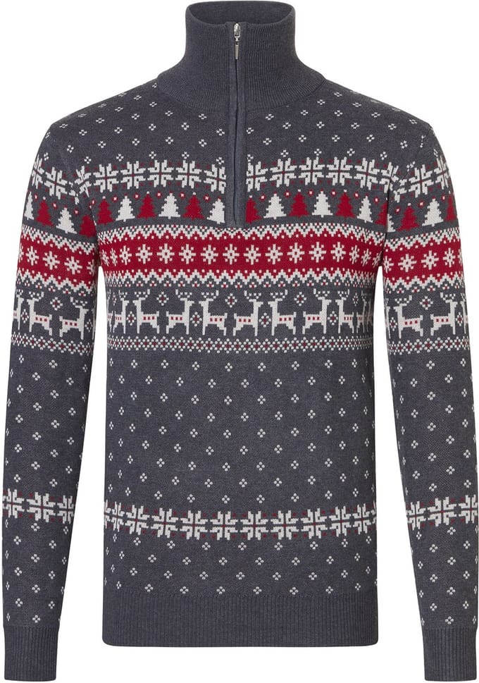 Apollo Heren Kersttrui Zip Met Kerst Print Grijs - Maat XL