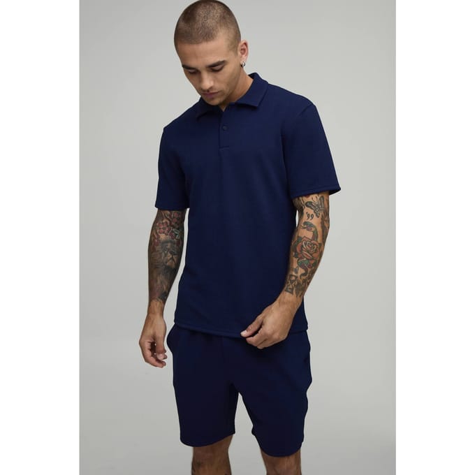 Short Sleeve Jersey Herringbone Polo Shirt & Short Set | Navy | Size Small