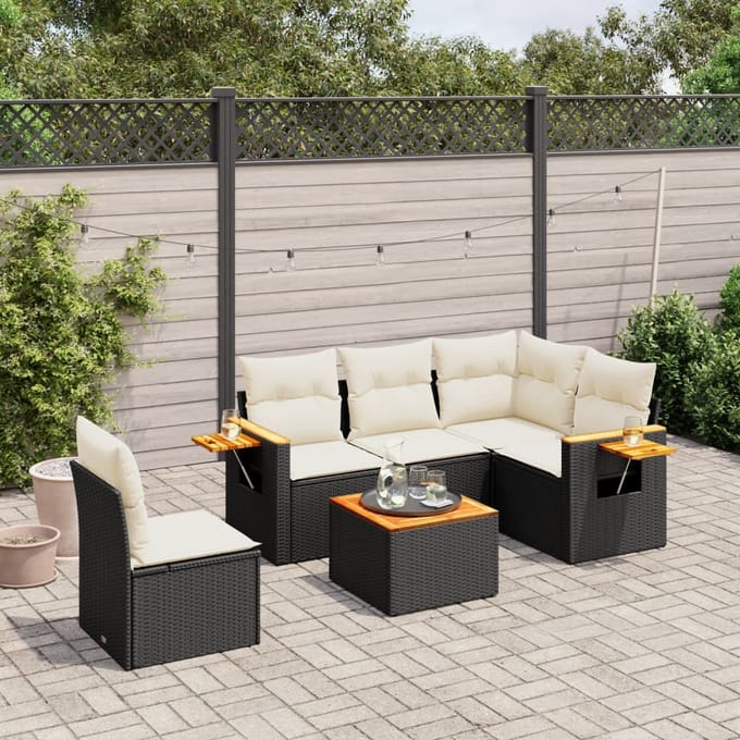 vidaXL - 6-delige - Loungeset - met - kussens - poly - rattan - zwart