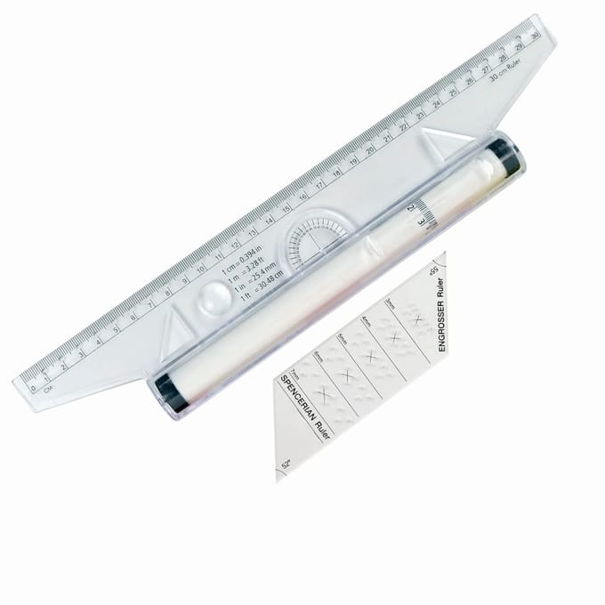 Engrosser Spencerian & Copperplate Liniaal / Tool in een Zipperbag + een Handige Rolling Ruler