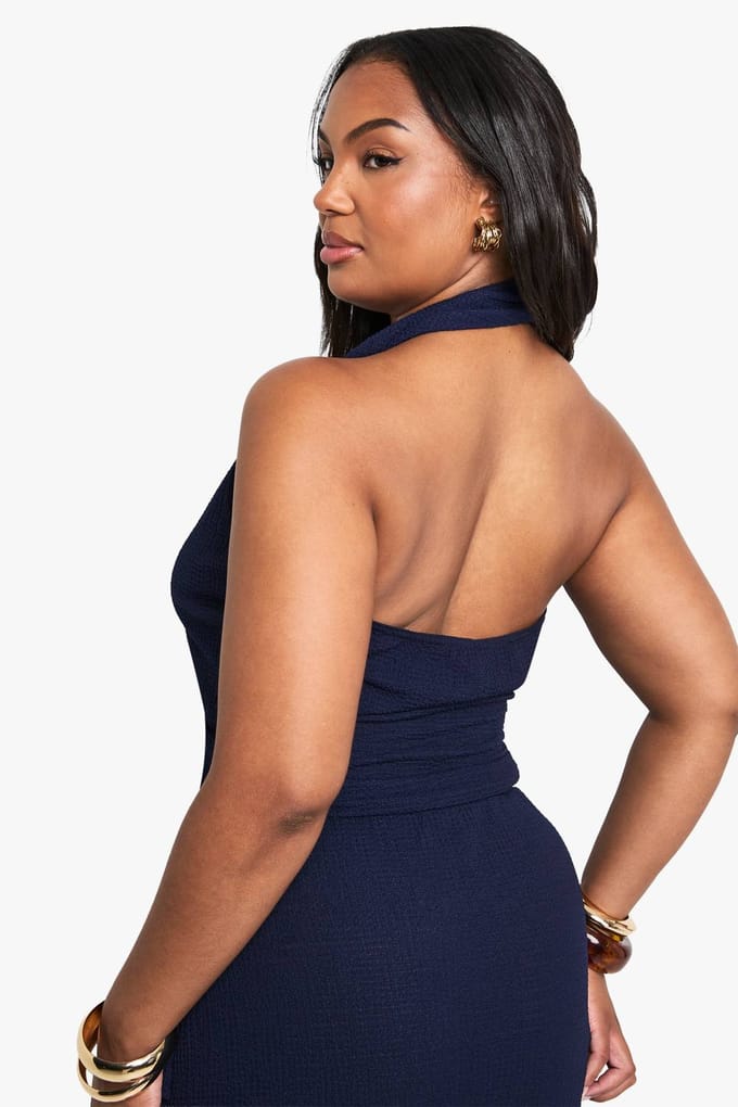 boohoo Dames PLUS HALTER TOP MET GOUDDETAIL | Marineblauw | Maat: 48