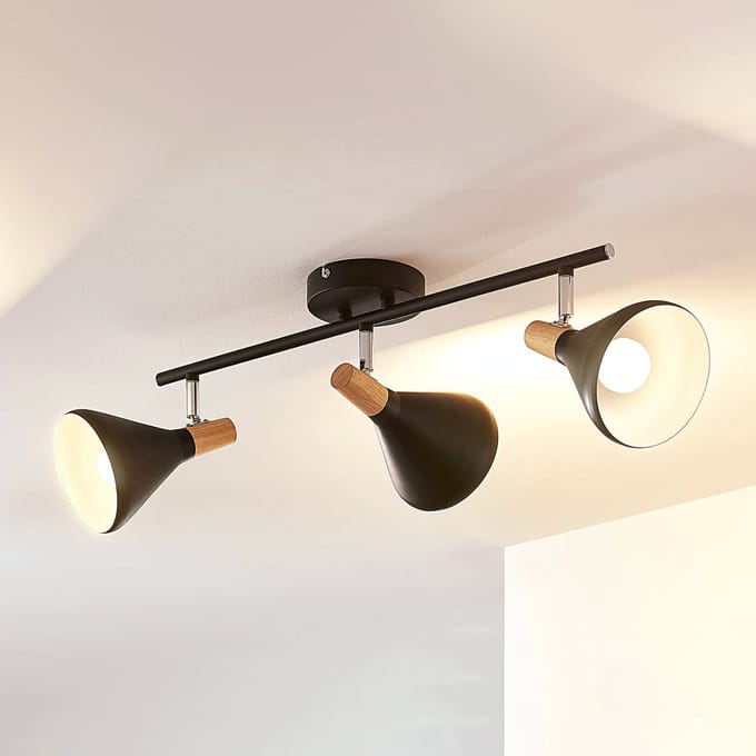 Lindby - buitenspot - 3lichts - Metaal, hout - H: 17 cm - E14 - zwart, licht hout
