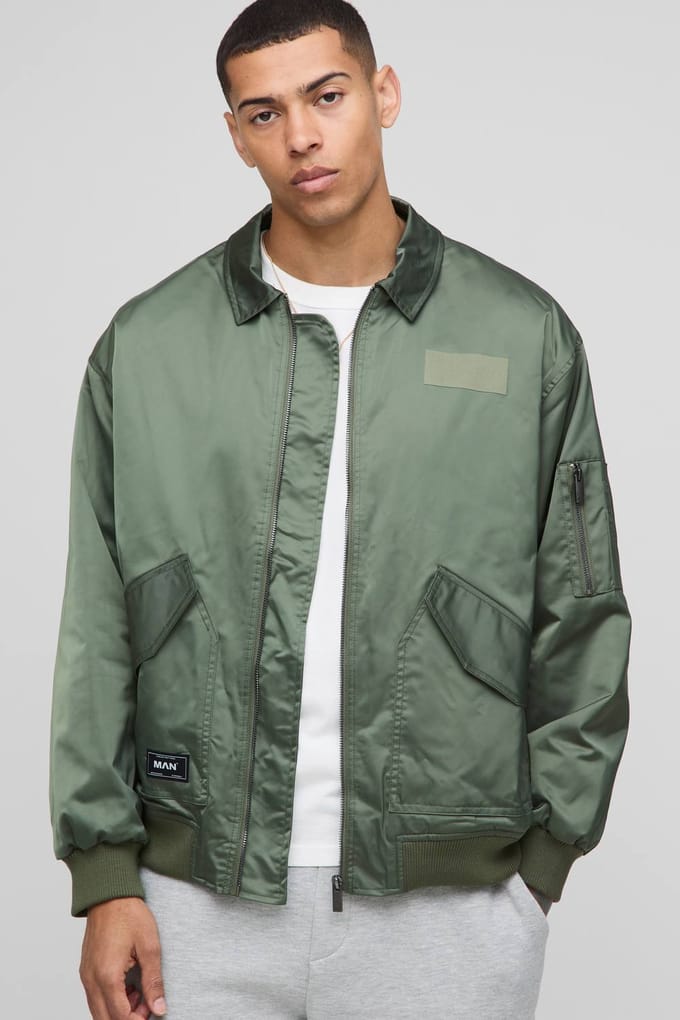 Oversized Nylon Collared Flight Jacket | Khaki | Size Medium