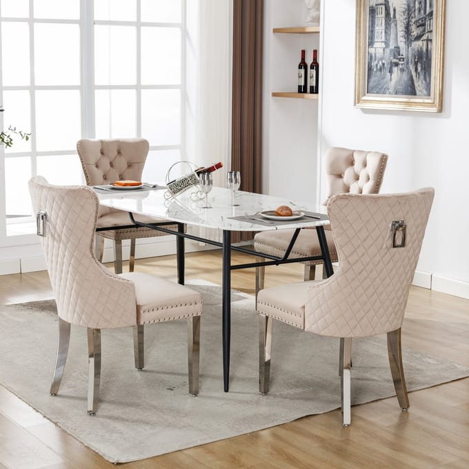 MODENUIT Eetkamerstoel - Met Gecapitonneerde Zitting En Ringgreep - Voor Eetkamer En Leeshoek - Fluweel Beige