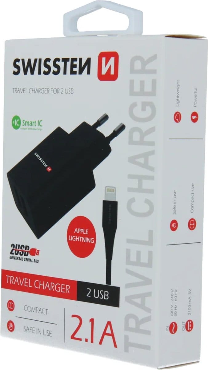 Swissten 2.1A Dual Port Travel Charger (10.5W) - 22058000 + Lightning USB Cable - Black