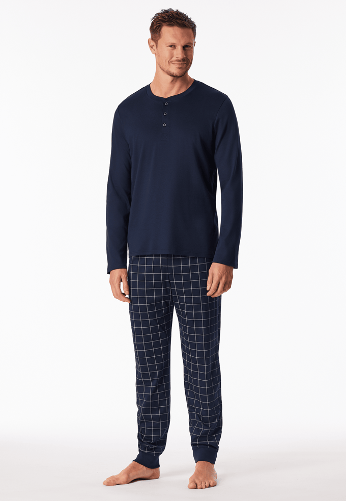 Lange pyjama van interlock met manchetten en knoopsluiting, nachtblauw geruit - Fine Interlock 54
