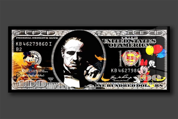 Godfather Dagobert Duck dollar schilderij op plexiglas120x50cm